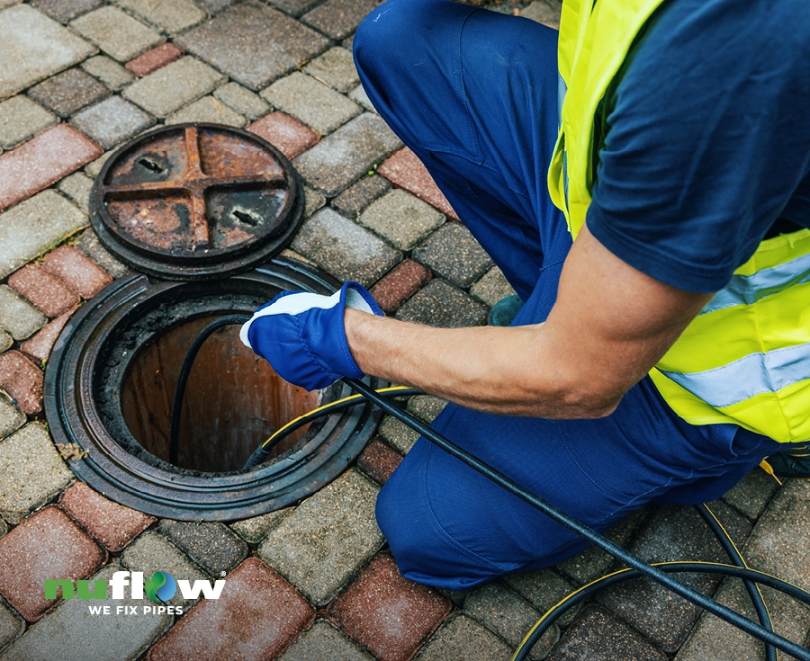 Technician cleaning blocked sewer line with hydro jetting