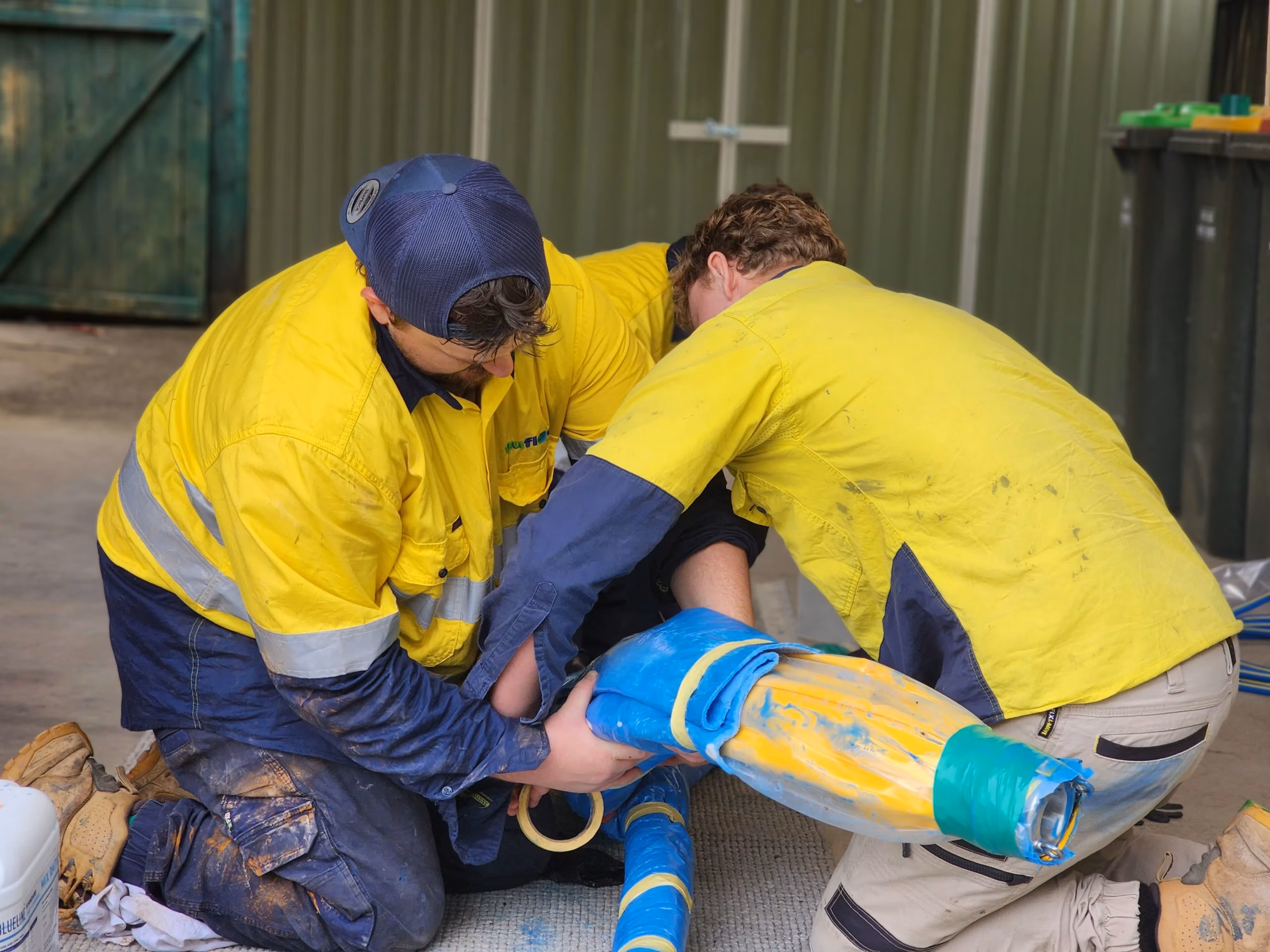Nuflow technicians preparing a resin liner during a trenchless pipe relining process to repair damaged underground pipes without excavation.